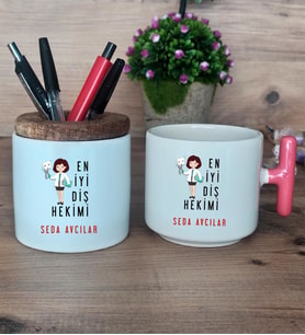 En İyi Diş Hekimi Hediye Sepeti Kupa Bardak T Kulplu, Kalemlik Hediyeleri Diş Hekimine Diş Hekimleri Günü Hediyesi (Model 4)