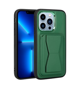 iPhone 13 Pro Max Kılıf Kartlıklı Standlı Suni Deri Memo Kılıf (Koyu Yeşil)