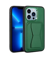 iPhone 13 Pro Max Kılıf Kartlıklı Standlı Suni Deri Memo Kılıf (Koyu Yeşil)