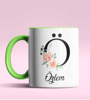 Kişiye Özel Ö Harfi Temalı Gül Tasarım Siyah Renk Kupa (Yeşil)