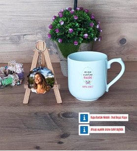 Doğum Günü Hediyesi Kupa Bardak Beyaz ve Fotoğraflı Ahşap Anahtarlık Hediye (Model 5)