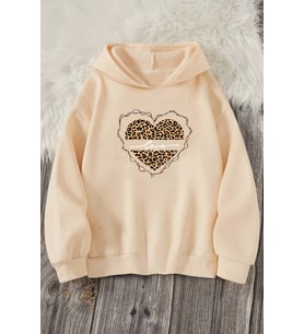 Kalp Baskılı Erkek - Kız Çocuk Rahat Kalıp Sweatshirt (Bej)
