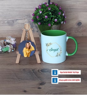 İsme Özel Doğum Günü Hediyesi Kupa Bardak Beyaz ve Fotoğraflı Ahşap Anahtarlık Hediye (Model 14)