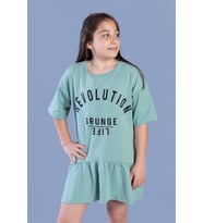 Toontoy Kız Çocuk Baskılı Eteği Büzgülü Düşük Kol Elbise (Yeşil)