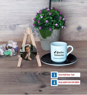 Öğretim Görevlisi Türk Kahvesi Fincanı Ahşap Altlıklı ve Fotoğraflı Ahşap Anahtarlık Hediye Öğretmenler Günü Hediyesi (Model 7)