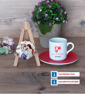 Anneye Doğum Günü Hediyesi Türk Kahvesi Fincanı Ahşap Altlıklı ve Fotoğraflı Ahşap Anahtarlık Hediye (Model 3)