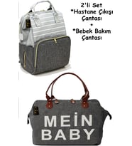 Anne Bebek Bakım Sırt Çantası + Hastane Çıkış Çantası 2 li SET (Açık Gri)