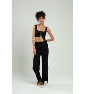 Sifu Tekstil Kadın Spor Omuzdan Zincirli, Kuş Gözü Zincir Bağlamalı Triko Atlet Büstiyer Crop Top SFYZ1016 (Siyah)