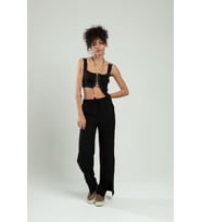 Sifu Tekstil Kadın Spor Omuzdan Zincirli, Kuş Gözü Zincir Bağlamalı Triko Atlet Büstiyer Crop Top SFYZ1016 (Siyah)