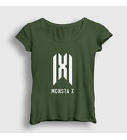 Presmono Kadın Sarı Logo K-Pop Monsta X T-Shirt 274583tt (Haki)