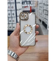 iPhone 15 Kılıf Köşeleri Renkli Şeffaf Kamera Korumalı Silikon Luxury Kapak (Gold)