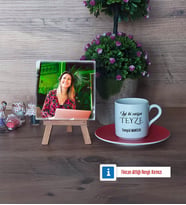 Teyzeye Doğum Günü Hediyesi Fotoğraflı Dekoratif Taş, Ahşap Altlıklı Türk Kahvesi Fincanı Hediye (Model 3)
