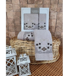 Sarra 2'li Nakışlı Banyo Takımı - Eva (Kapuçino)