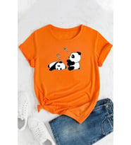 Unisex Uykucu Panda Baskılı Tasarım Tshirt (Turuncu)