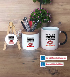 Kadın Öğretmene Hediye Hediye Sepeti Kalemlik, Kupa Bardak Sihirli, Ahşap Anahtarlık Hediye (Model 1)