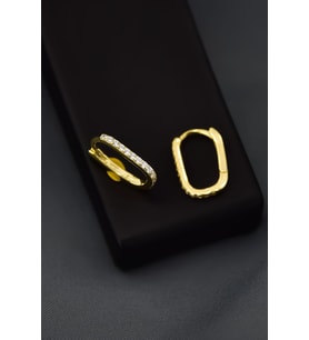 Papatya Silver 925 Ayar Gümüş Zirkon Taşlı Dikdörtgen Halka Küpe (Gold)