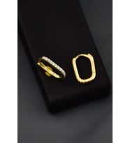 Papatya Silver 925 Ayar Gümüş Zirkon Taşlı Dikdörtgen Halka Küpe (Gold)