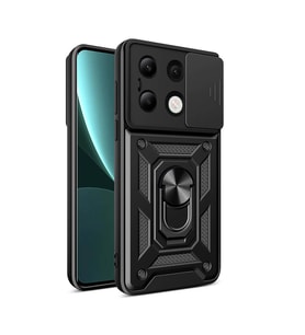 Vendas Xiaomi Redmi Note 13 4G Kılıf Magnetik Standlı Kamera Korumalı Zore Sürgülü Vega Kapak (Siyah)
