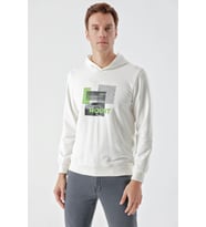 Slimfit Kapşonlu Önü Baskılı 2 İplik Erkek Sweatshirt (Beyaz)