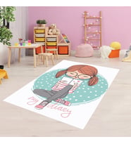 Kitap Okuyan İnsan Desenli Dijital Baskı Yıkanabilir Kaymaz Taban Çocuk Odası Halısı (Mavi)