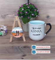 Kankaya Hediye Kupa Bardak Beyaz ve Fotoğraflı Ahşap Anahtarlık Hediye (Model 10)