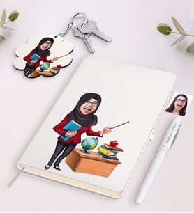 BK Gift Kişiye Özel Bayan Öğretmen Karikatürlü Siyah Defter Kalem Ve Anahtarlık Hediye Seti-7 (Model 2)