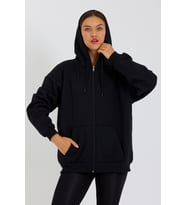 mmetalic Kanguru Cepli Kapüşonlu Fermuarlı Içi Pamuklu Oversize Kadın Sweatshirt (Siyah)