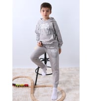 ERKEK ÇOCUK KAPŞONLU EŞOFMAN TAKIMI SMİLE BASKILI RİBANALI F11 (Gri)