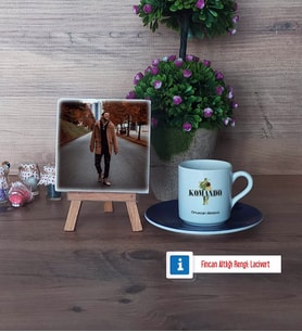 Komando Fotoğraflı Dekoratif Taş, Ahşap Altlıklı Türk Kahvesi Fincanı Hediye (Model 4)