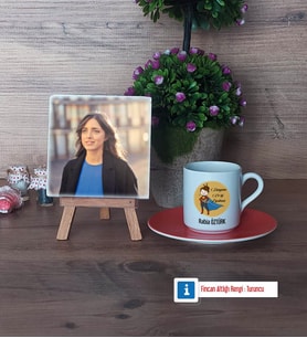 Öğretmenler Günü Hediyesi Fotoğraflı Dekoratif Taş, Ahşap Altlıklı Türk Kahvesi Fincanı Hediye (Model 8)
