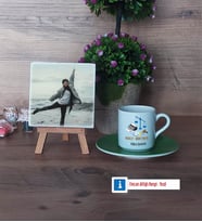 Adalet Öğretmeni Fotoğraflı Dekoratif Taş, Ahşap Altlıklı Türk Kahvesi Fincanı Hediye (Model 9)