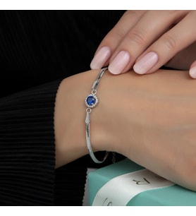 Usho Jewelry 925 Ayar Gümüş Pırlanta Modeli İtalyan Zincir Yuvarlak Bileklik, Kadın Bileklik (Lacivert), Hediye