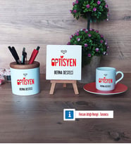 Optisyen Hediye Seti Dekoratif Taş, Kalemlik, Ahşap Altlıklı Türk Kahvesi Fincanı Hediye (Model 8)