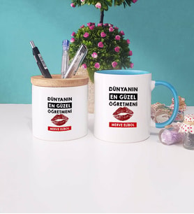 Dünyanın En Güzel Öğretmeni Kupa Bardak Lacivert ve Kalemlik (Model 2)