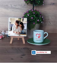 Anneye Hediye Fotoğraflı Dekoratif Taş, Ahşap Altlıklı Türk Kahvesi Fincanı Hediye (Model 9)