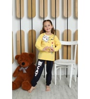Yeni Sezon Kız Çocuk Garson Uzun Kollu Pamuk Cat Desen Penye Pijama Takımı 6053 (Sarı)