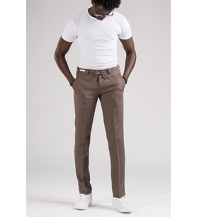 Ecer Slimfit Beli Lastikli ve İplikli %100 Linen Ham Keten Jogger Pantolon (Kahverengi)