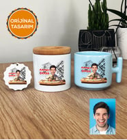 Kişiye Özel Karikatürlü Mimar Hediye Seti Pastel T Kupa, Kalemlik, Anahtarlık Erkek Mimara Mimarlar Günü Hediyesi (Mavi)