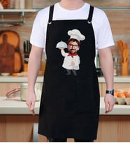 BK Gift Kişiye Özel Karikatürlü Chef Tasarımlı Profesyonel Siyah Mutfak Önlüğü, Aşçı Önlüğü, Şef Önlüğü, Arkadaşa Hediye (Model 1)
