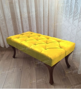 Kapitoneli Ayak Ucu Kapı Önü Antre Bench Puf Ceviz Ayak (90*45) (Sarı)