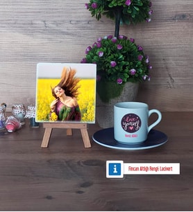 Love Yourself Fotoğraflı Dekoratif Taş, Ahşap Altlıklı Türk Kahvesi Fincanı Hediye (Model 4)
