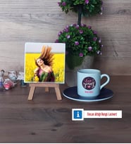 Love Yourself Fotoğraflı Dekoratif Taş, Ahşap Altlıklı Türk Kahvesi Fincanı Hediye (Model 4)