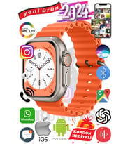Huawei P20 Pro Uyumlu Akıllı Saat ULTRA MAX 2024 Kordon Hediyeli Amoled Ekran (Turuncu)