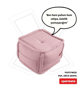 XPERMATE PuffyMod Dekoratif Kare Puf Orta Sehpa Ayak Uzatma Puf 40x40 cm (Pembe)