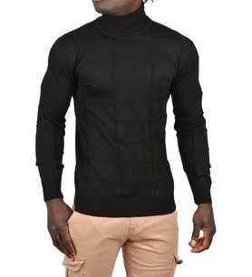 DeepSEA Erkek  Kare Desenli Balıkçı Yaka Slim Fit Boğazlı Triko Kazak 2505493 (Siyah)