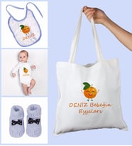 eJOYA Bebeklere Özel Çantasında Kişiye Özel Zıbın Önük Ve Patik Bebek Hediye Seti 109777 (Mavi)