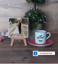 Damat Fotoğraflı Dekoratif Taş, Ahşap Altlıklı Türk Kahvesi Fincanı Hediye (Model 6)