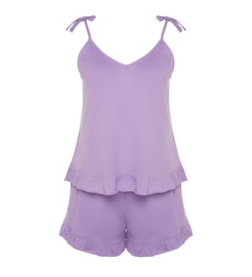 Tarz Rahat Büyük Beden Uzun Kollu Geniş Paça Fırfır Detaylı Askılı Örme Pijama Takımı (Lila)