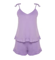 Tarz Rahat Büyük Beden Uzun Kollu Geniş Paça Fırfır Detaylı Askılı Örme Pijama Takımı (Lila)