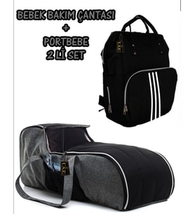 Portbebe Ana Kucağı Puset Bebek Taşıma + Anne Bebek Bakım Çantası 2 li Set (Parlak Siyah)